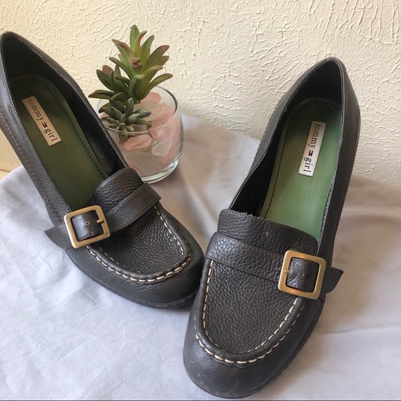 Tommy Girl Leather Buckle Loafers Chunky Heel 9.5 Brown - Picture 1 of 14